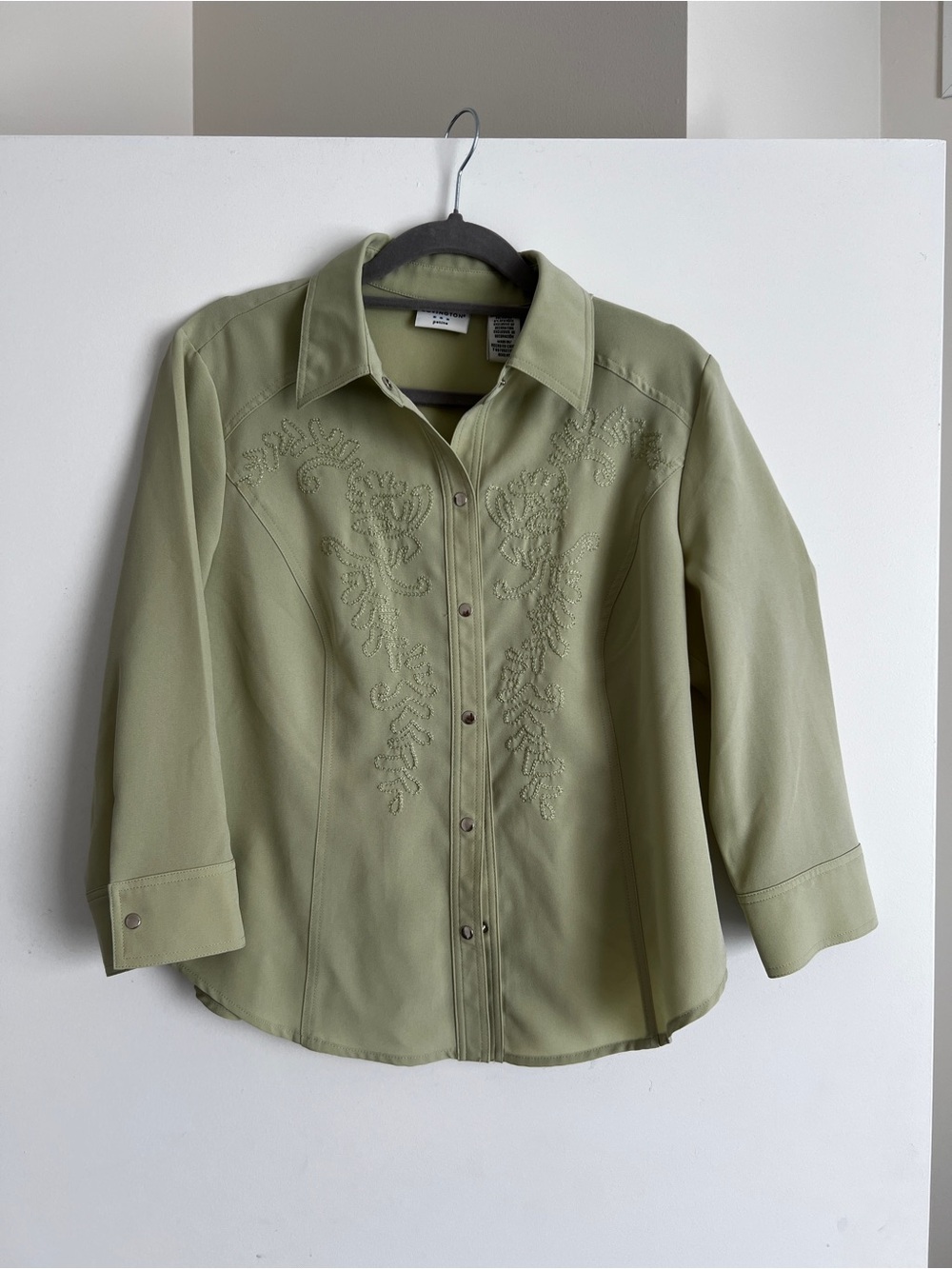 Covington sage green embroidered button-front blouse